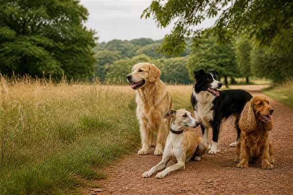 Four dogs enjoying a countryside path